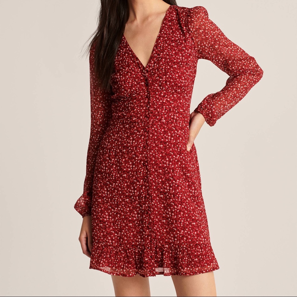 Abercrombie & Fitch Ruffle-Hem A-Line Red Floral Dress